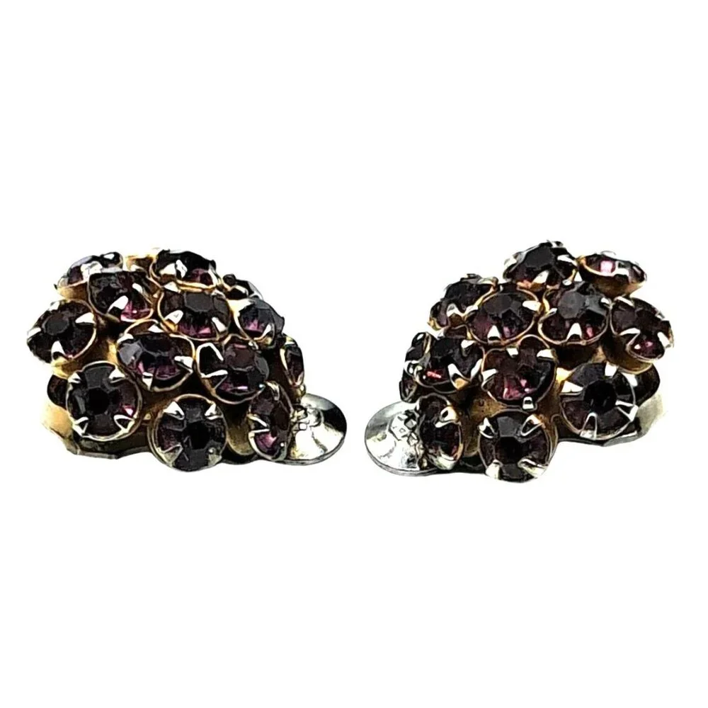 Vintage Purple Rhinestone Earr Gold-Tone Clip-On Earrings With Purple Rhinestone